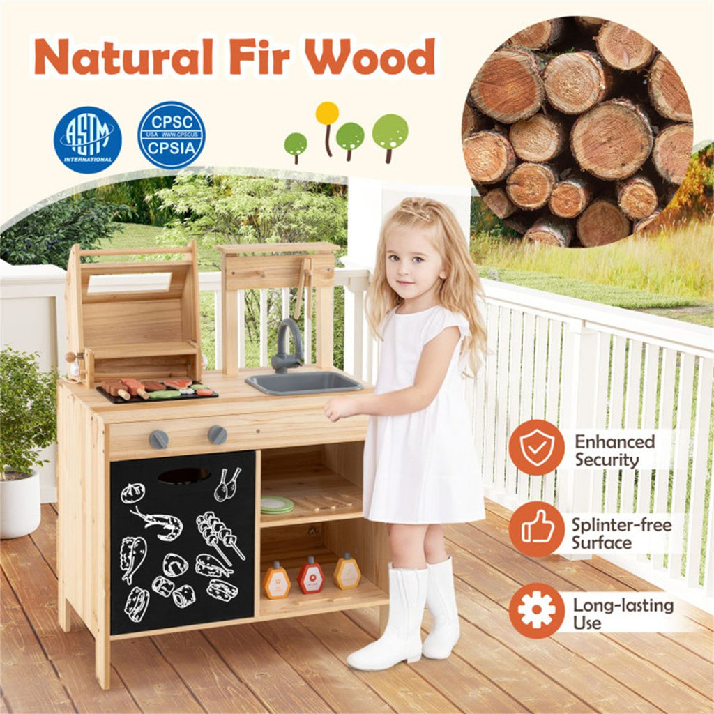 inQ Boutique - Natural Kids Wooden Barbecue Grill Playset with Chalkboard and Sink and Cabinet