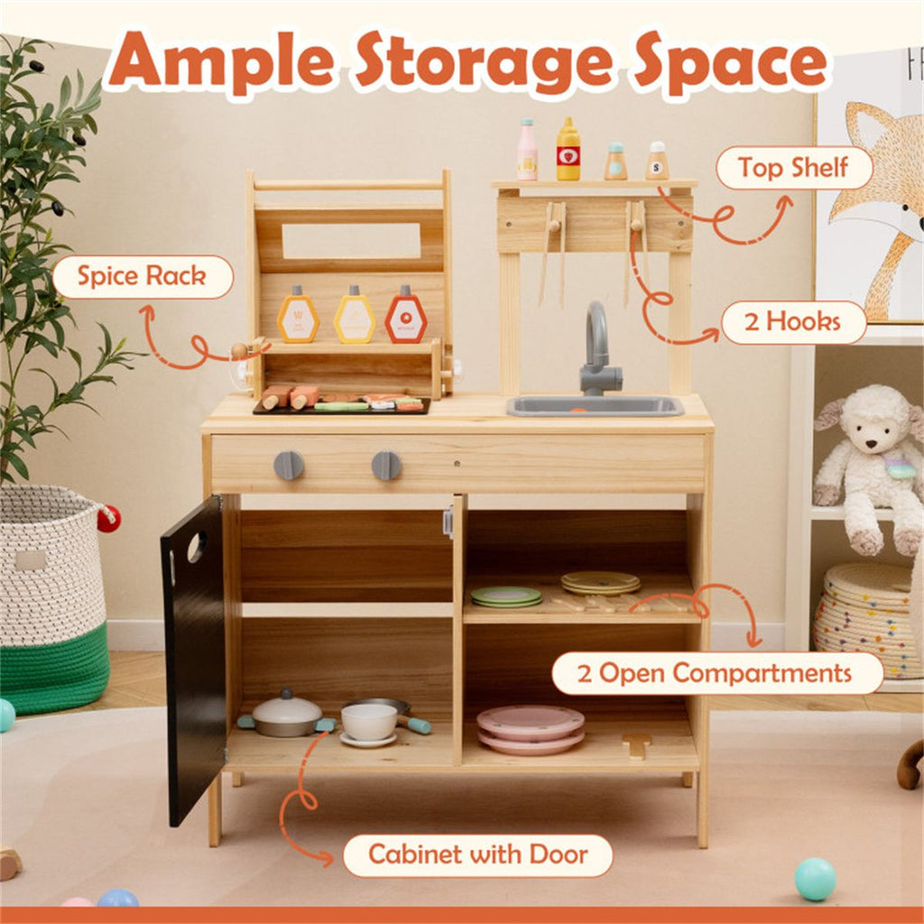 inQ Boutique - Natural Kids Wooden Barbecue Grill Playset with Chalkboard and Sink and Cabinet