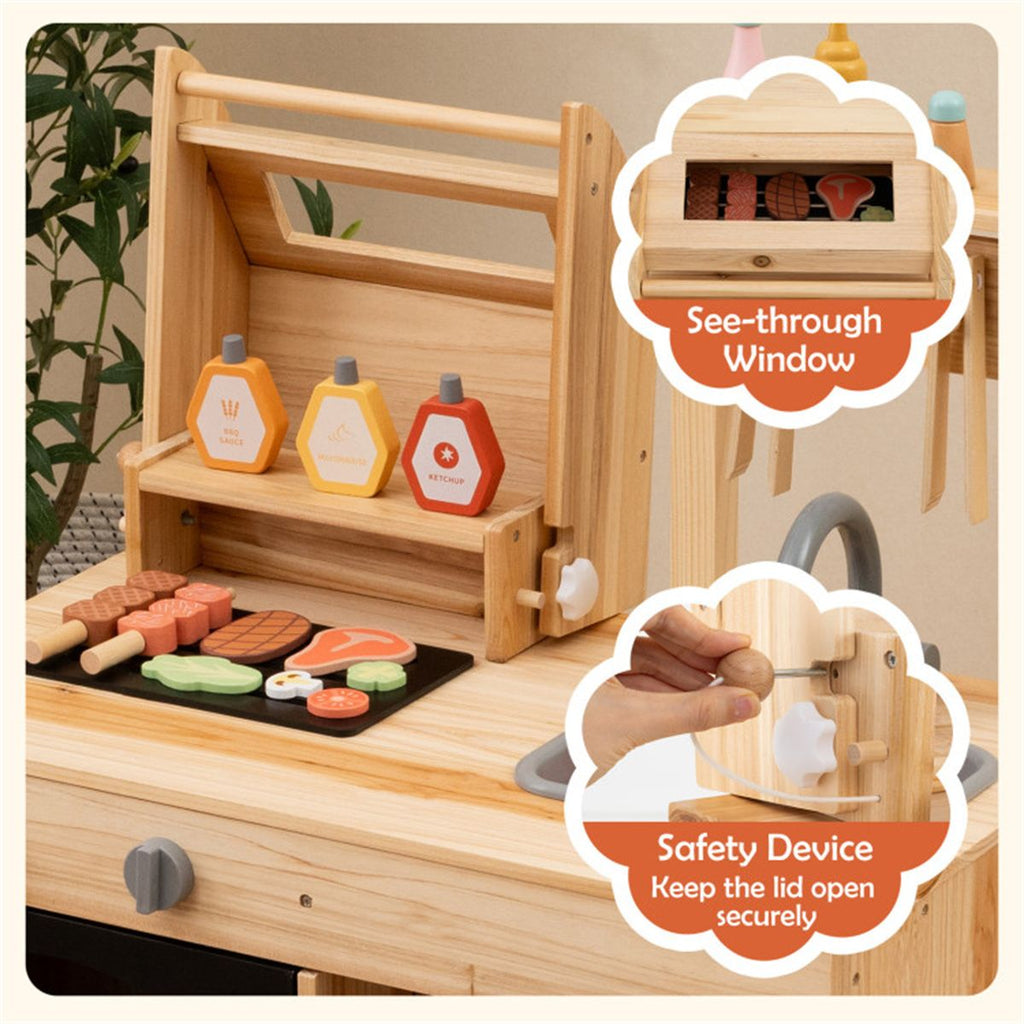 inQ Boutique - Natural Kids Wooden Barbecue Grill Playset with Chalkboard and Sink and Cabinet