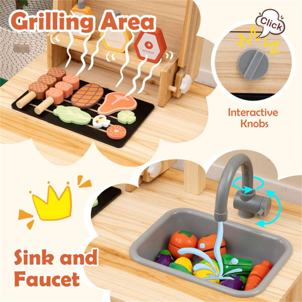 inQ Boutique - Natural Kids Wooden Barbecue Grill Playset with Chalkboard and Sink and Cabinet