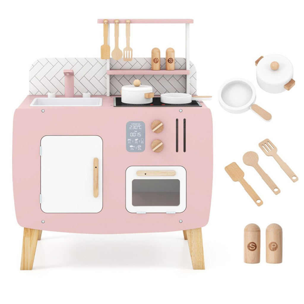 inQ Boutique - Wooden Kids Kitchen Playset with Cookware Accessories, Storage Cabinet & Hanging Hooks for Toddlers
