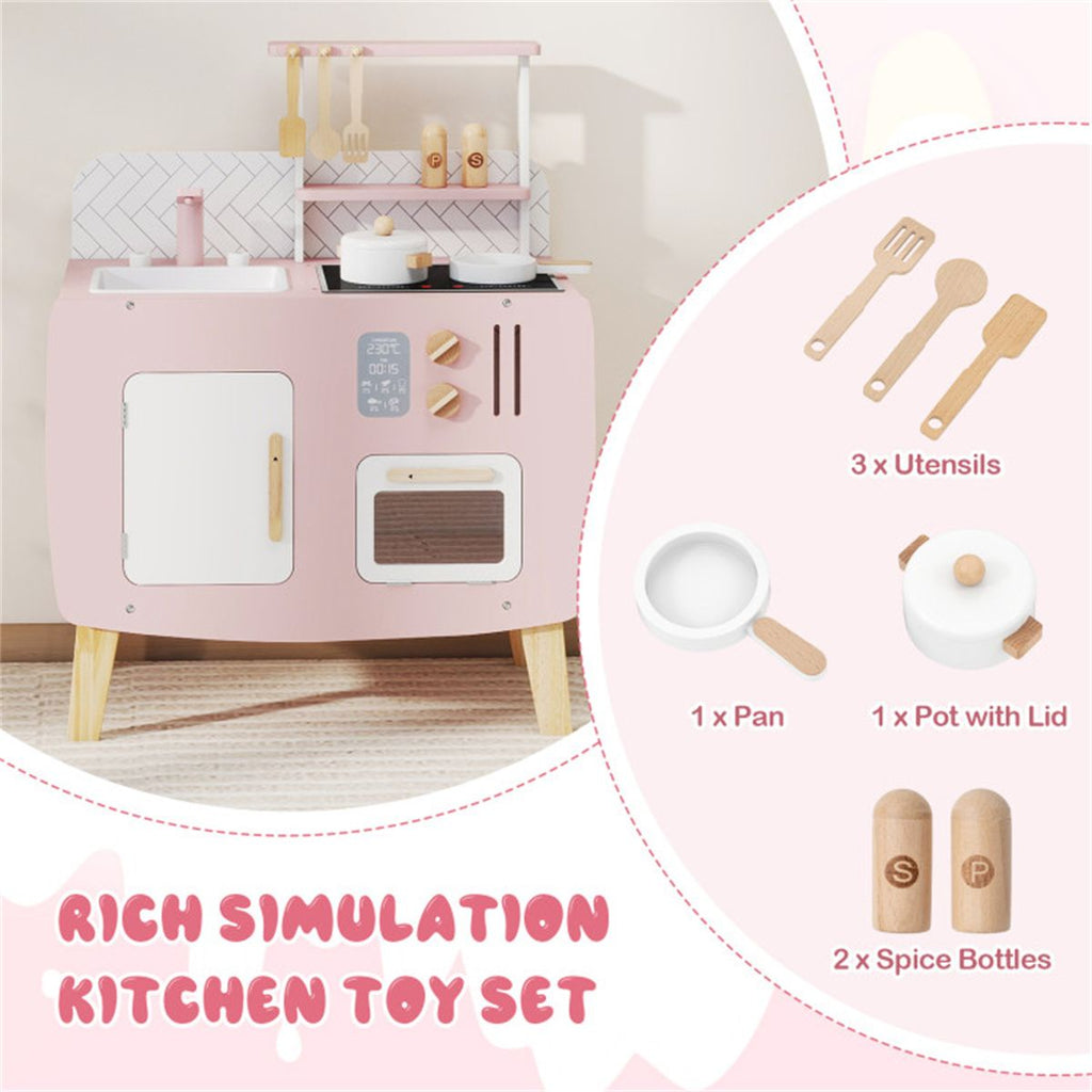 inQ Boutique - Wooden Kids Kitchen Playset with Cookware Accessories, Storage Cabinet & Hanging Hooks for Toddlers