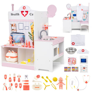 inQ Boutique - Wooden Kids Doctor Medical Station Playset, 93.98×54.61×99.06cm 27PCS Medical Tools with ECG Monitor for 3-6 Years, Pink+White