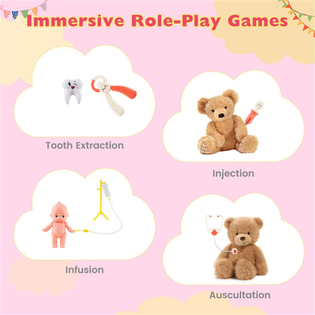 inQ Boutique - Wooden Kids Doctor Medical Station Playset, 93.98×54.61×99.06cm 27PCS Medical Tools with ECG Monitor for 3-6 Years, Pink+White