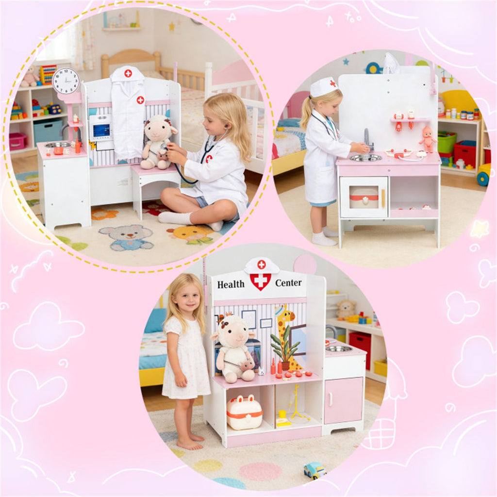 inQ Boutique - Wooden Kids Doctor Medical Station Playset, 93.98×54.61×99.06cm 27PCS Medical Tools with ECG Monitor for 3-6 Years, Pink+White