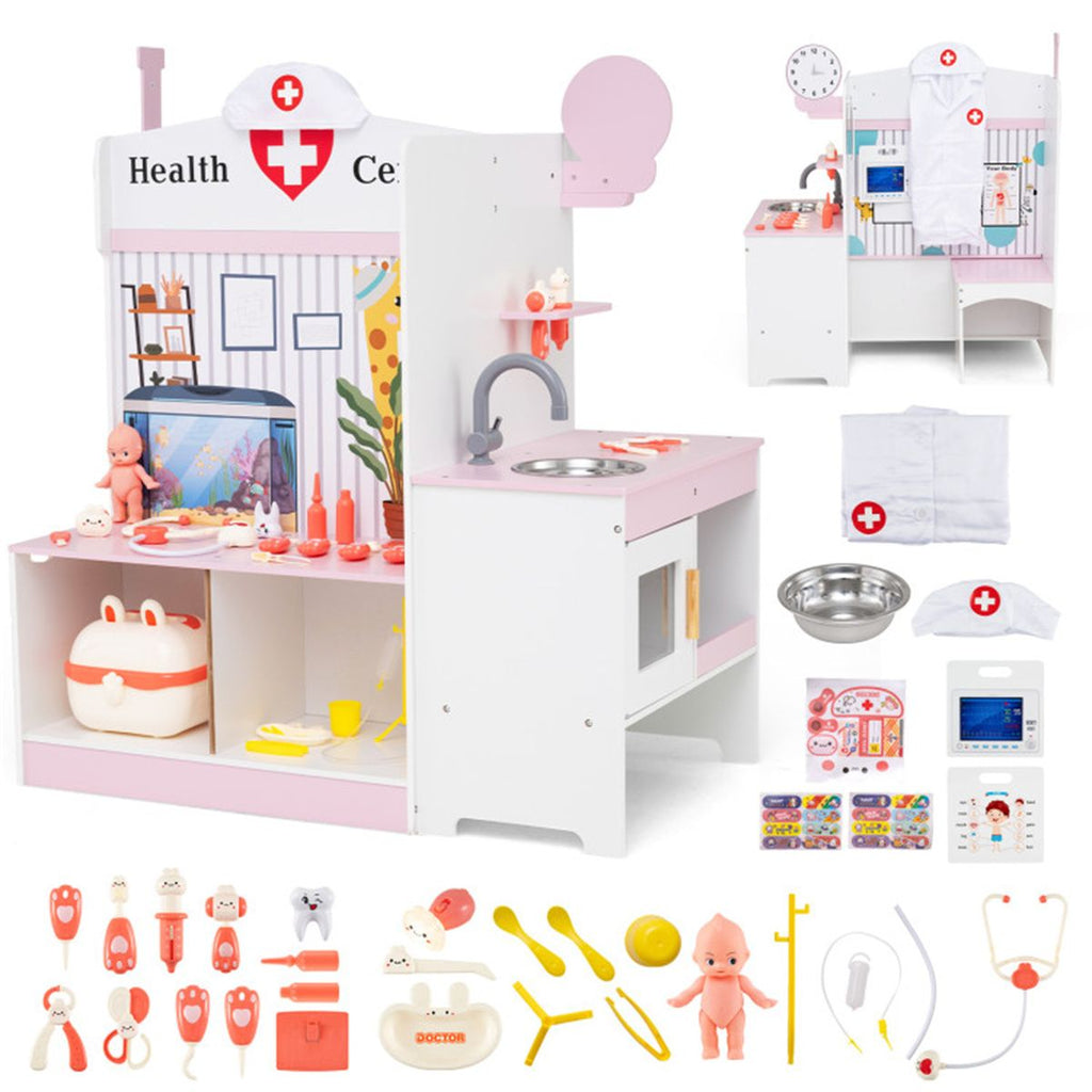 inQ Boutique - Wooden Kids Doctor Medical Station Playset, 93.98×54.61×99.06cm 27PCS Medical Tools with ECG Monitor for 3-6 Years, Pink+White