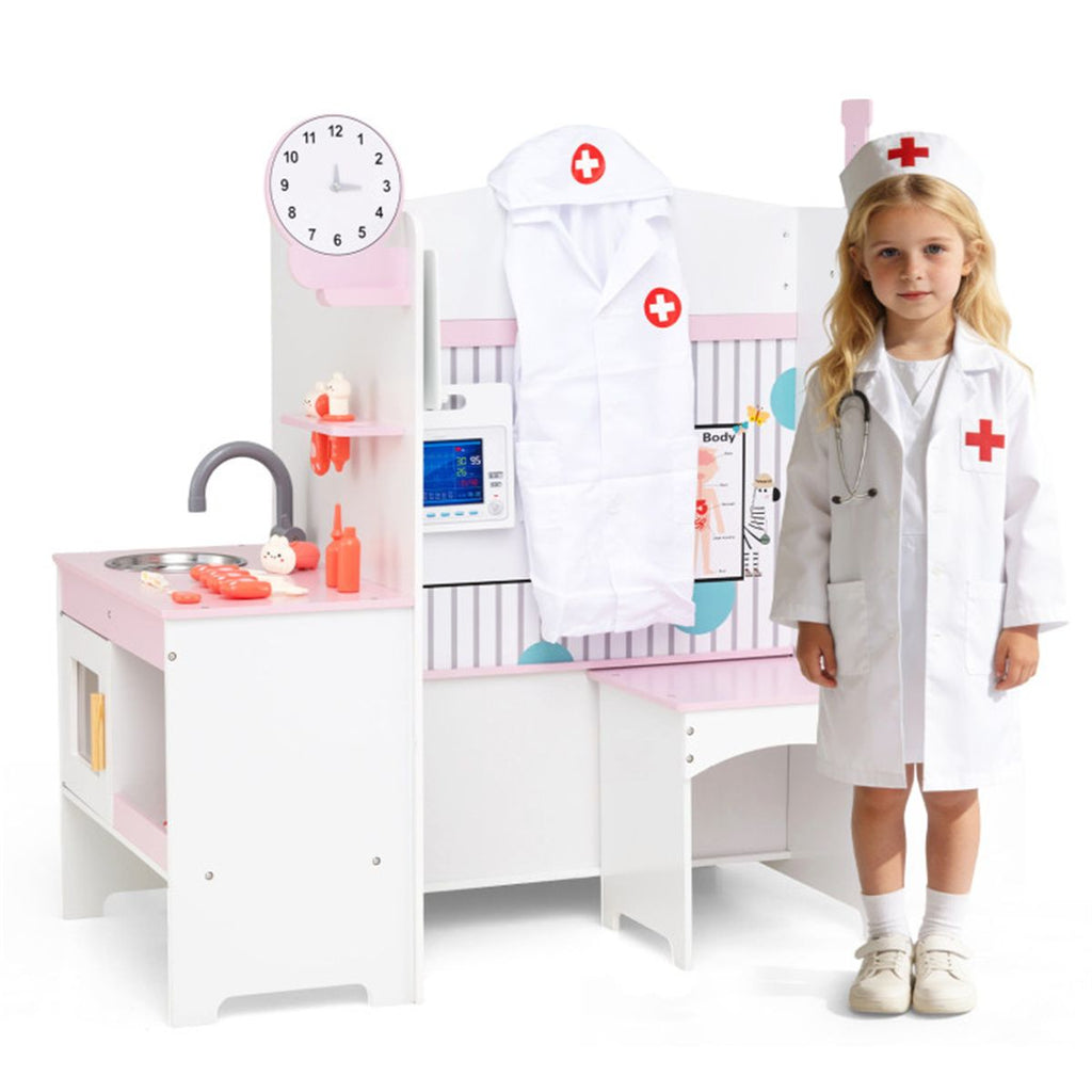 inQ Boutique - Wooden Kids Doctor Medical Station Playset, 93.98×54.61×99.06cm 27PCS Medical Tools with ECG Monitor for 3-6 Years, Pink+White