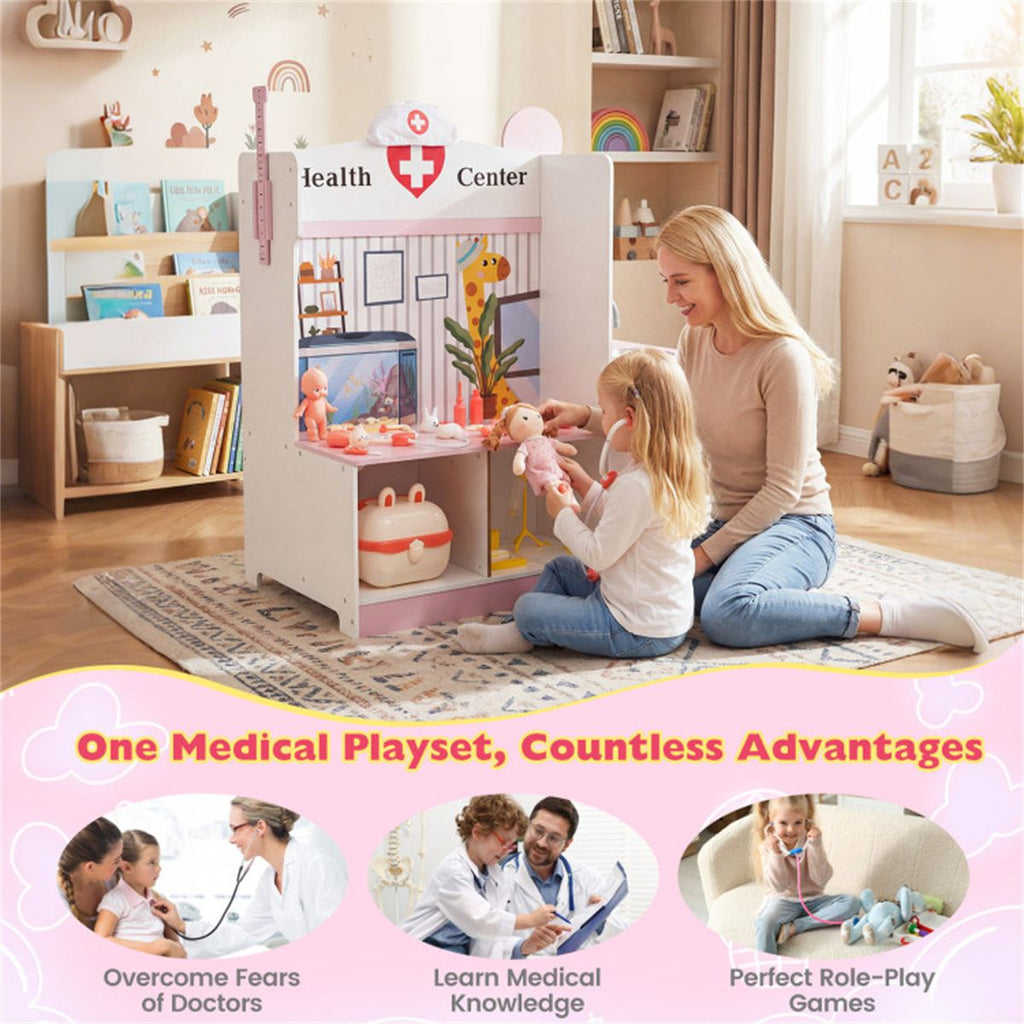 inQ Boutique - Wooden Kids Doctor Medical Station Playset, 93.98×54.61×99.06cm 27PCS Medical Tools with ECG Monitor for 3-6 Years, Pink+White