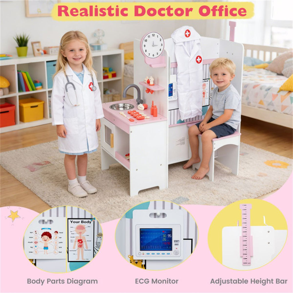 inQ Boutique - Wooden Kids Doctor Medical Station Playset, 93.98×54.61×99.06cm 27PCS Medical Tools with ECG Monitor for 3-6 Years, Pink+White