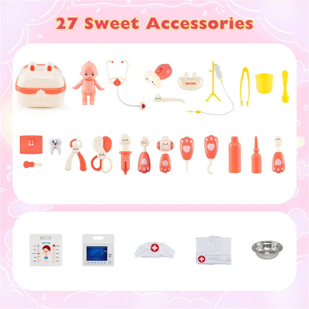 inQ Boutique - Wooden Kids Doctor Medical Station Playset, 93.98×54.61×99.06cm 27PCS Medical Tools with ECG Monitor for 3-6 Years, Pink+White