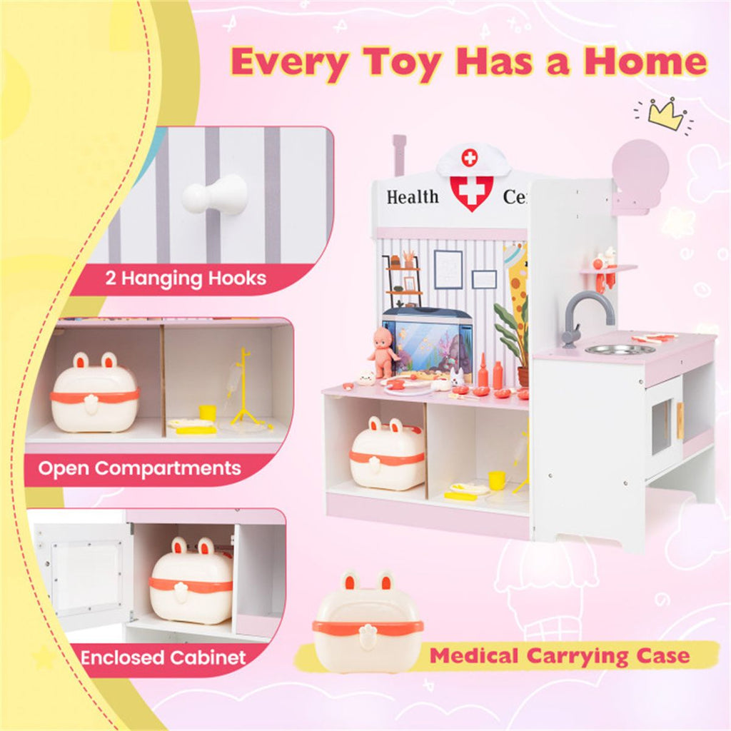 inQ Boutique - Wooden Kids Doctor Medical Station Playset, 93.98×54.61×99.06cm 27PCS Medical Tools with ECG Monitor for 3-6 Years, Pink+White
