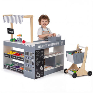 inQ Boutique - Gray Wooden Kids Supermarket Playset with Vending Machine, 90.17×78.74×104.14cm Grocery Store Toy with Shopping Cart for 3+