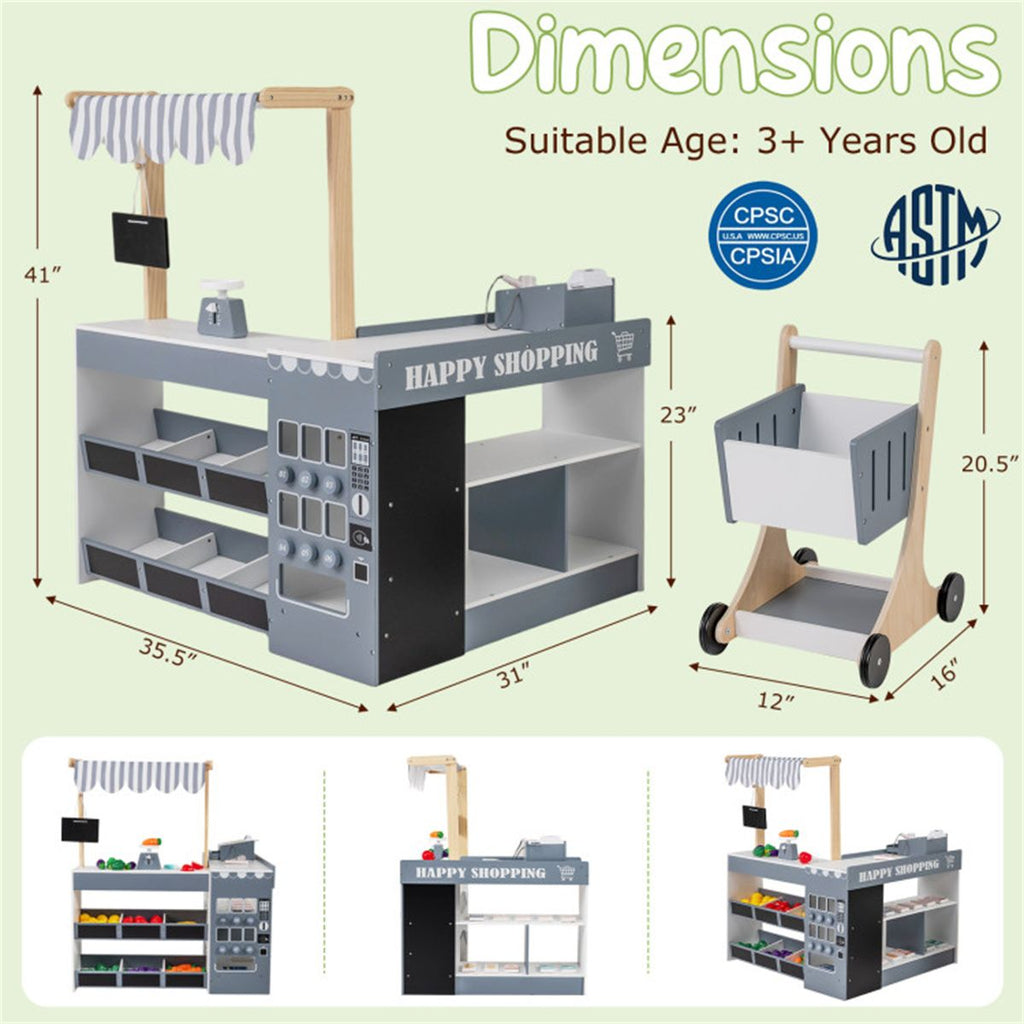 inQ Boutique - Gray Wooden Kids Supermarket Playset with Vending Machine, 90.17×78.74×104.14cm Grocery Store Toy with Shopping Cart for 3+