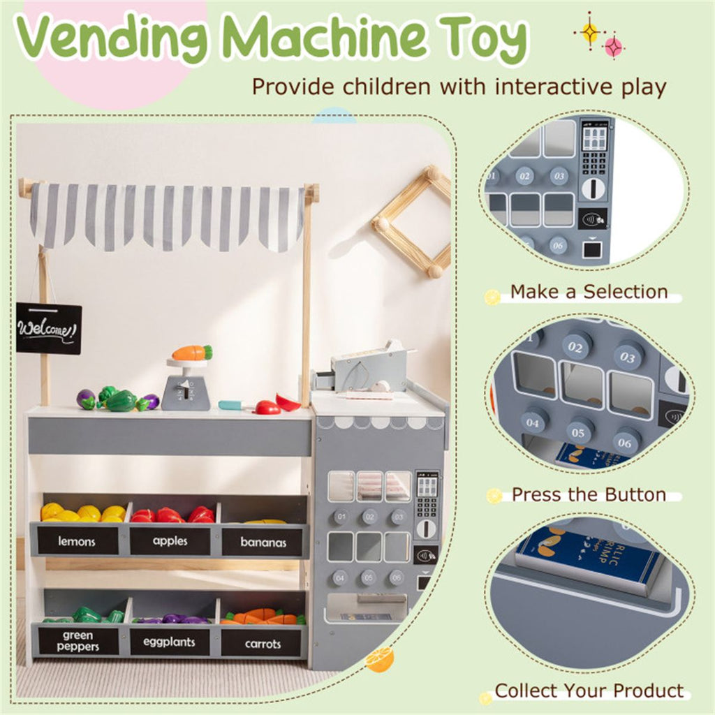 inQ Boutique - Gray Wooden Kids Supermarket Playset with Vending Machine, 90.17×78.74×104.14cm Grocery Store Toy with Shopping Cart for 3+