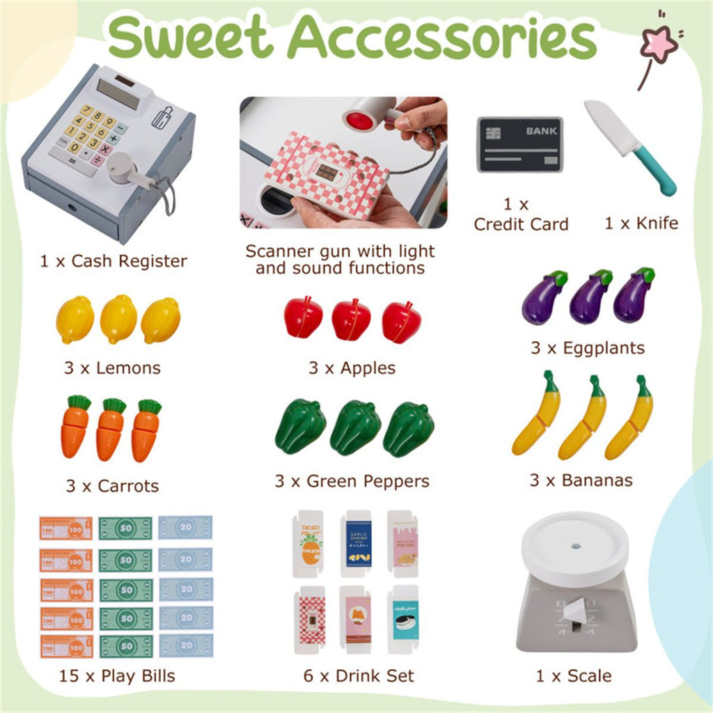 inQ Boutique - Gray Wooden Kids Supermarket Playset with Vending Machine, 90.17×78.74×104.14cm Grocery Store Toy with Shopping Cart for 3+