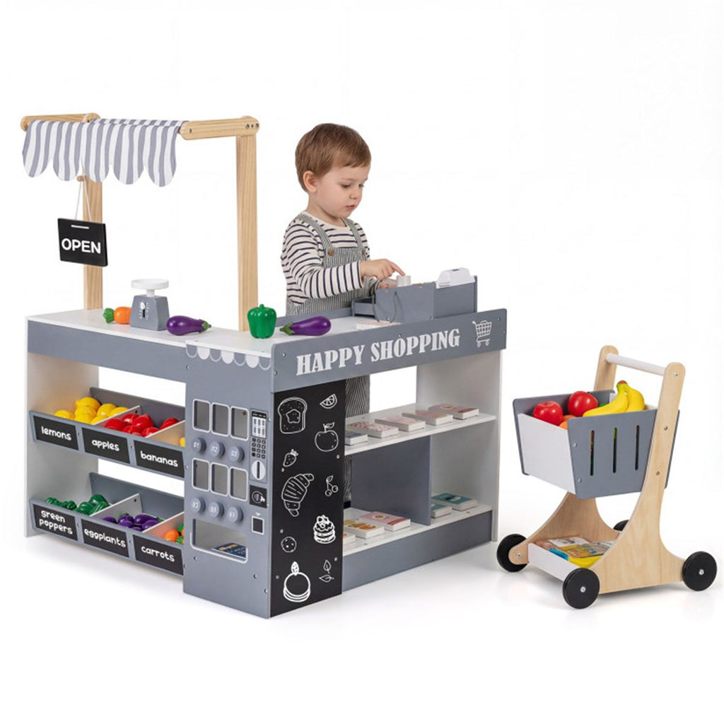 inQ Boutique - Gray Wooden Kids Supermarket Playset with Vending Machine, 90.17×78.74×104.14cm Grocery Store Toy with Shopping Cart for 3+