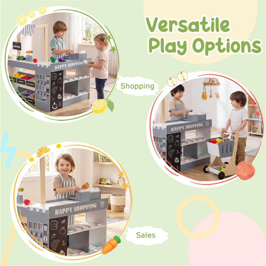 inQ Boutique - Gray Wooden Kids Supermarket Playset with Vending Machine, 90.17×78.74×104.14cm Grocery Store Toy with Shopping Cart for 3+