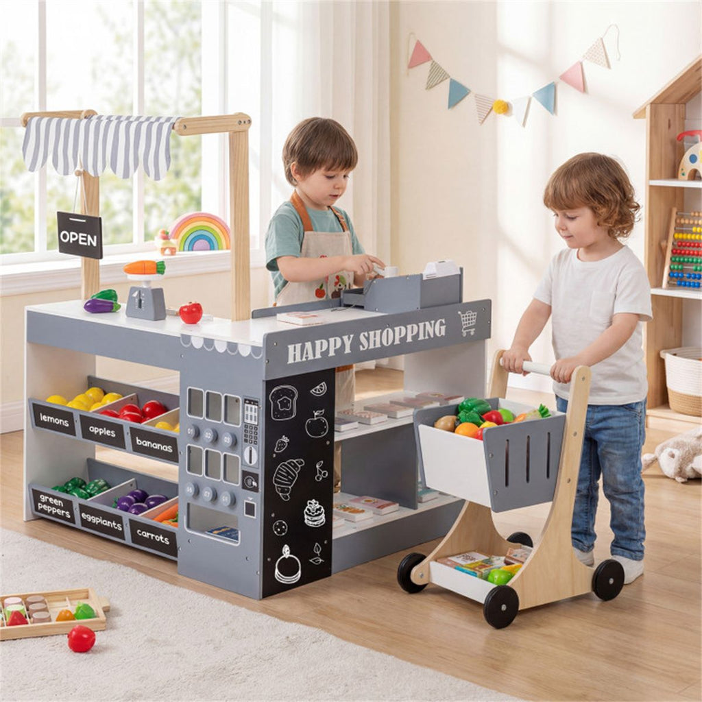 inQ Boutique - Gray Wooden Kids Supermarket Playset with Vending Machine, 90.17×78.74×104.14cm Grocery Store Toy with Shopping Cart for 3+
