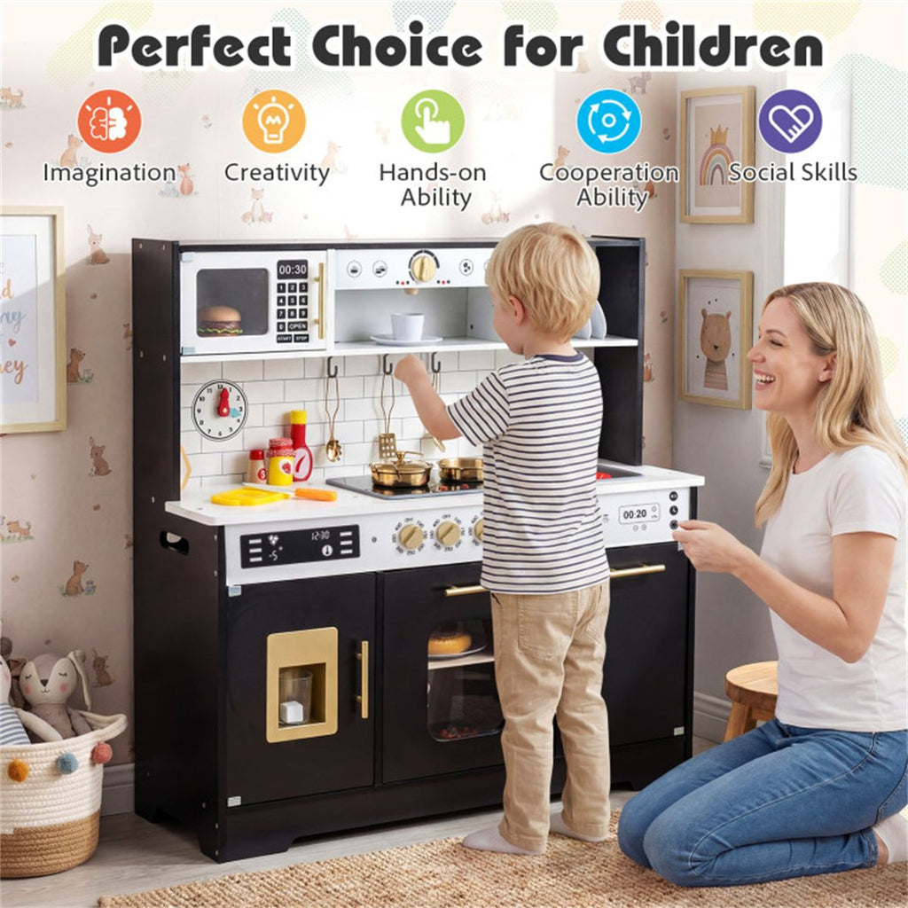 inQ Boutique - Kids Wooden Play Kitchen with Realistic Lights & Sounds, Pretend Ice Maker & Storage for Toddlers Age 3+ - Black