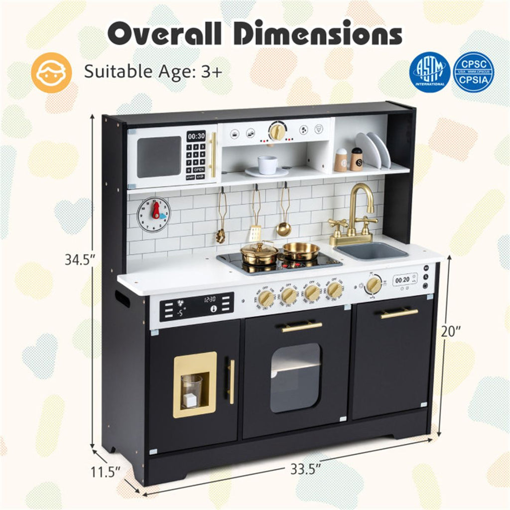 inQ Boutique - Kids Wooden Play Kitchen with Realistic Lights & Sounds, Pretend Ice Maker & Storage for Toddlers Age 3+ - Black