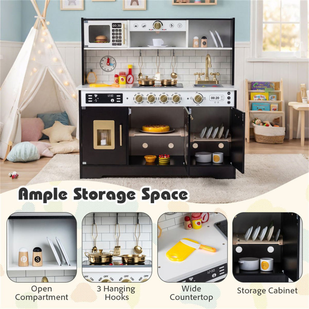 inQ Boutique - Kids Wooden Play Kitchen with Realistic Lights & Sounds, Pretend Ice Maker & Storage for Toddlers Age 3+ - Black