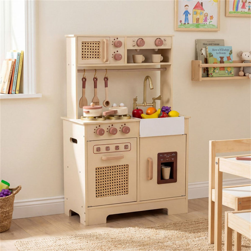 inQ Boutique - Kids Wooden Play Kitchen with Realistic Lights & Sounds, Pretend Ice Maker & Accessories for Toddlers
