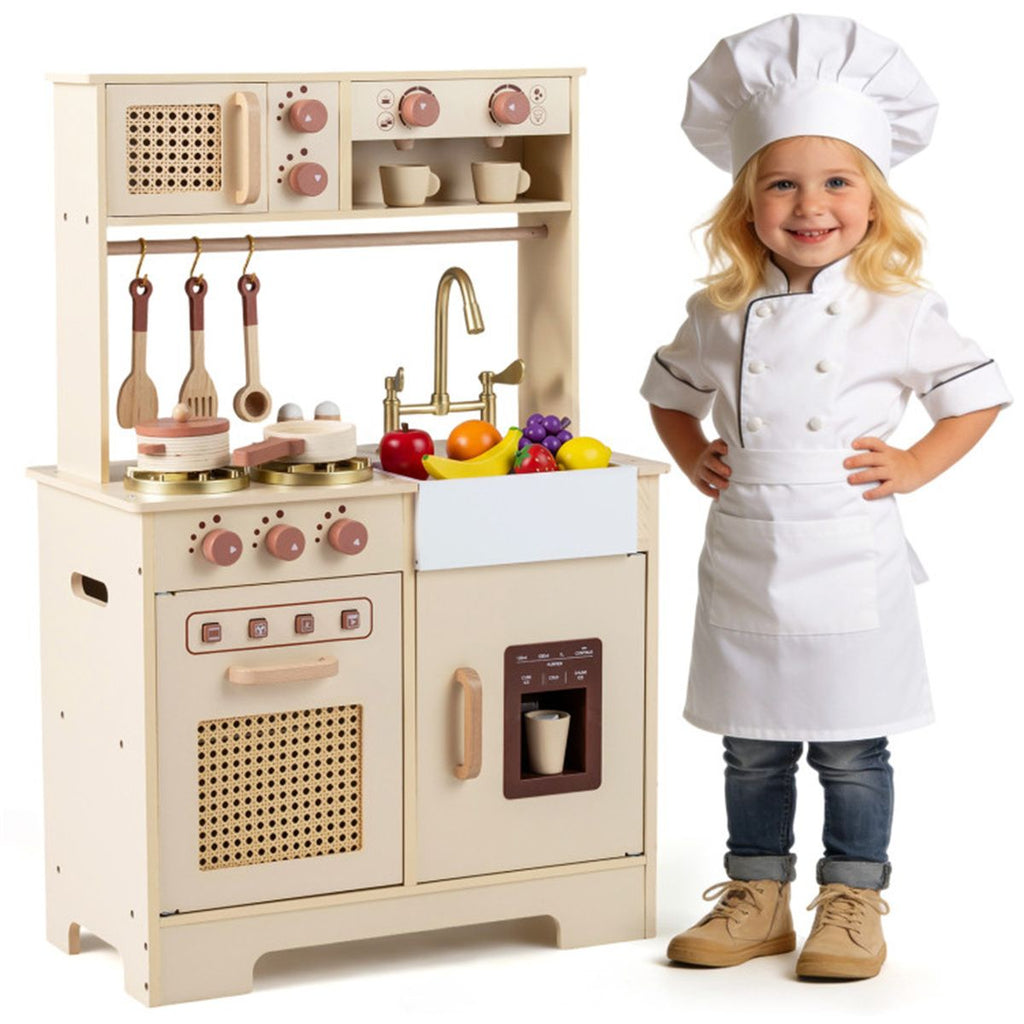 inQ Boutique - Kids Wooden Play Kitchen with Realistic Lights & Sounds, Pretend Ice Maker & Accessories for Toddlers
