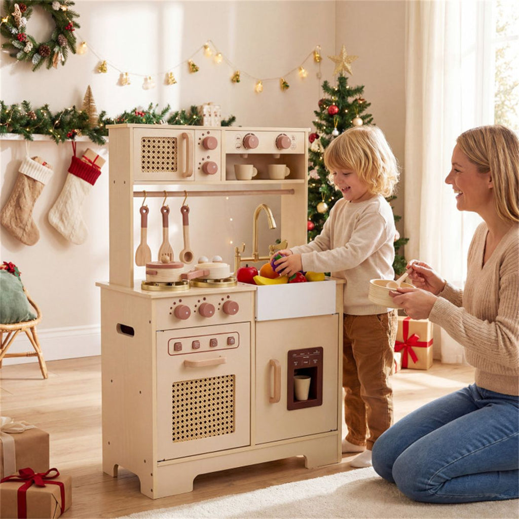 inQ Boutique - Kids Wooden Play Kitchen with Realistic Lights & Sounds, Pretend Ice Maker & Accessories for Toddlers