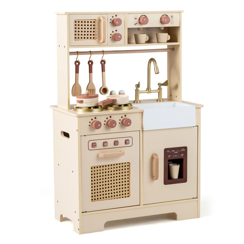 inQ Boutique - Kids Wooden Play Kitchen with Realistic Lights & Sounds, Pretend Ice Maker & Accessories for Toddlers