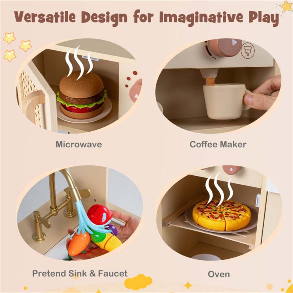 inQ Boutique - Kids Wooden Play Kitchen with Realistic Lights & Sounds, Pretend Ice Maker & Accessories for Toddlers