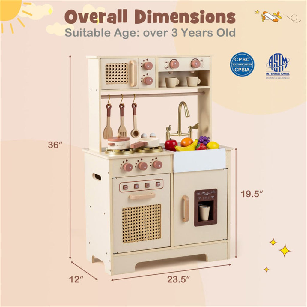 inQ Boutique - Kids Wooden Play Kitchen with Realistic Lights & Sounds, Pretend Ice Maker & Accessories for Toddlers