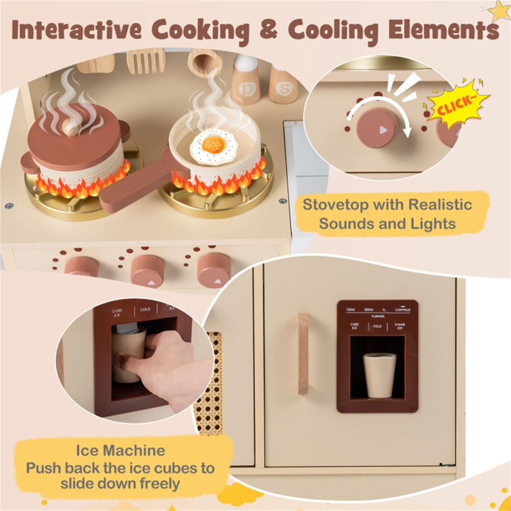 inQ Boutique - Kids Wooden Play Kitchen with Realistic Lights & Sounds, Pretend Ice Maker & Accessories for Toddlers