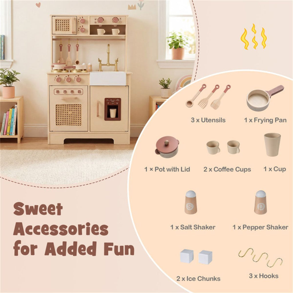 inQ Boutique - Kids Wooden Play Kitchen with Realistic Lights & Sounds, Pretend Ice Maker & Accessories for Toddlers