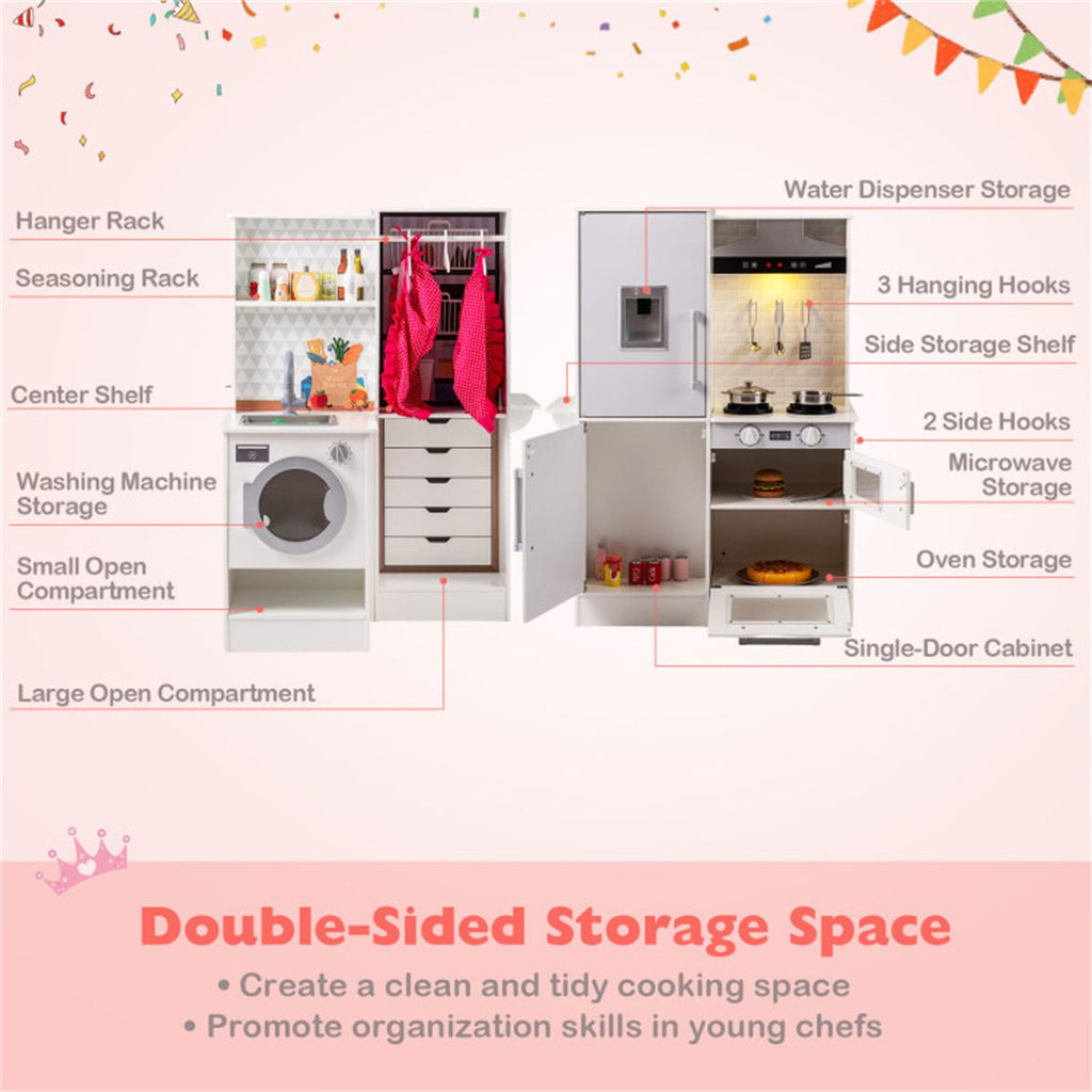 inQ Boutique - White Dual-Sided Kids Play Kitchen with Water Dispenser and Range Hood for 3+ Years Old