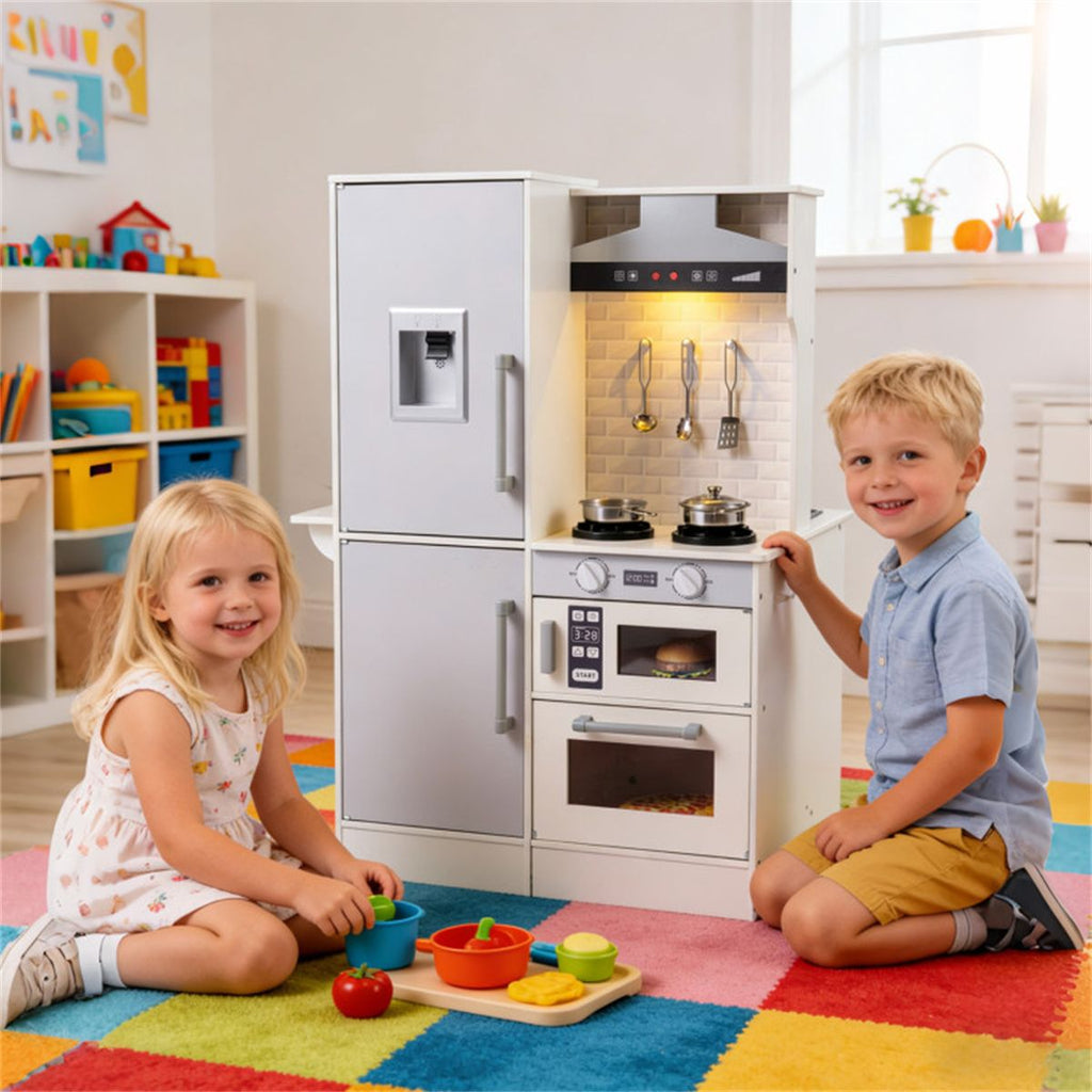 inQ Boutique - White Dual-Sided Kids Play Kitchen with Water Dispenser and Range Hood for 3+ Years Old