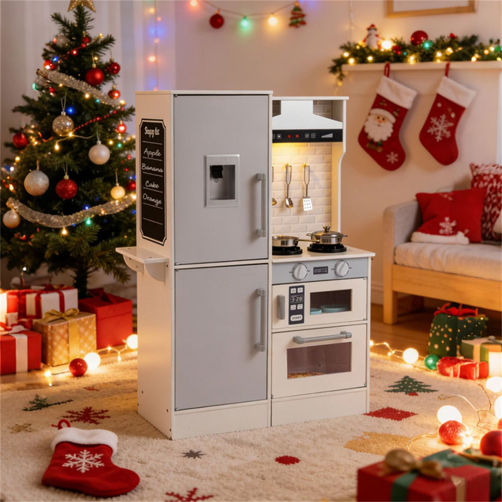 inQ Boutique - White Dual-Sided Kids Play Kitchen with Water Dispenser and Range Hood for 3+ Years Old