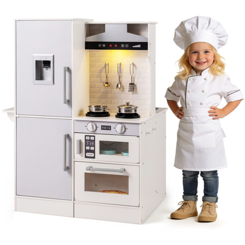 inQ Boutique - White Dual-Sided Kids Play Kitchen with Water Dispenser and Range Hood for 3+ Years Old