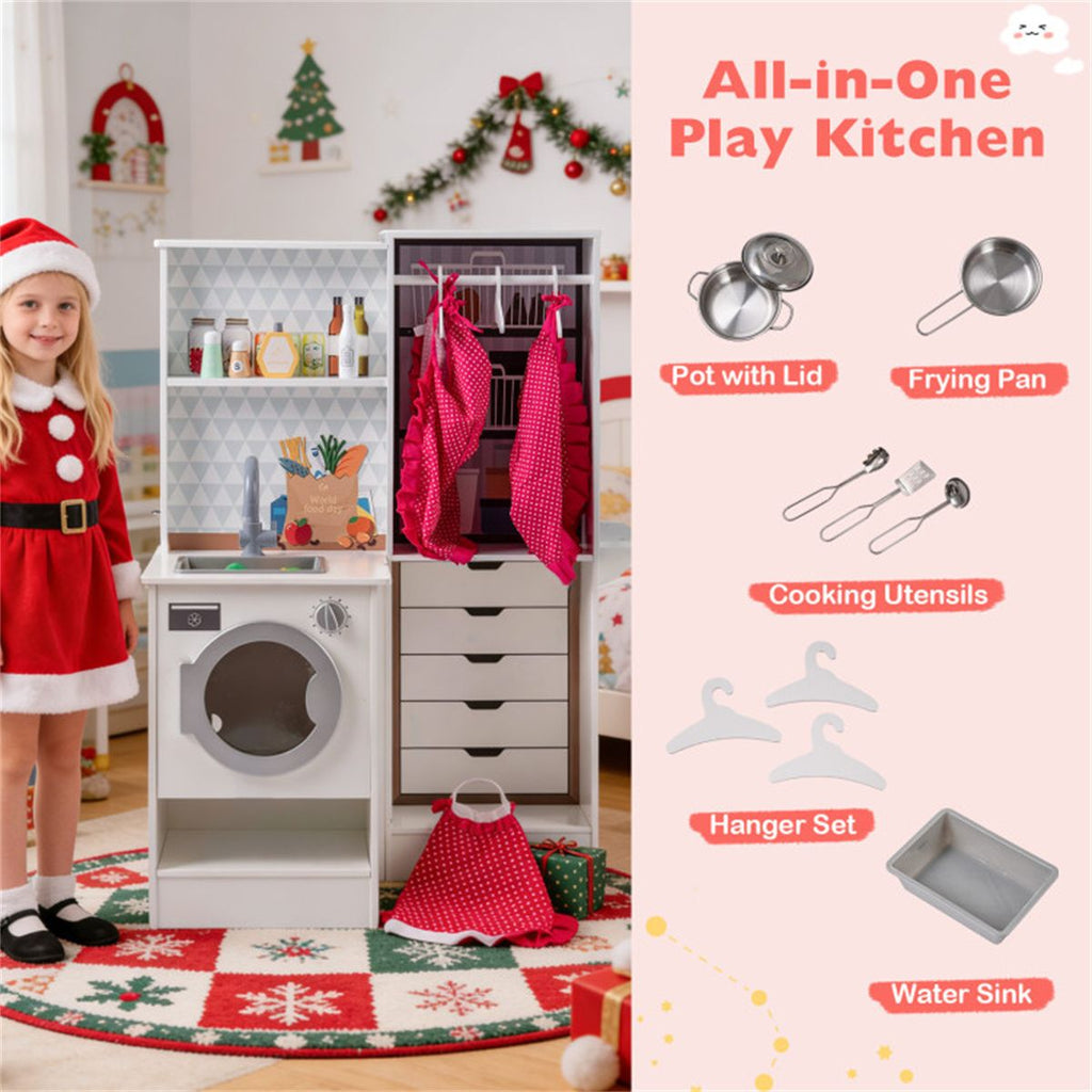 inQ Boutique - White Dual-Sided Kids Play Kitchen with Water Dispenser and Range Hood for 3+ Years Old