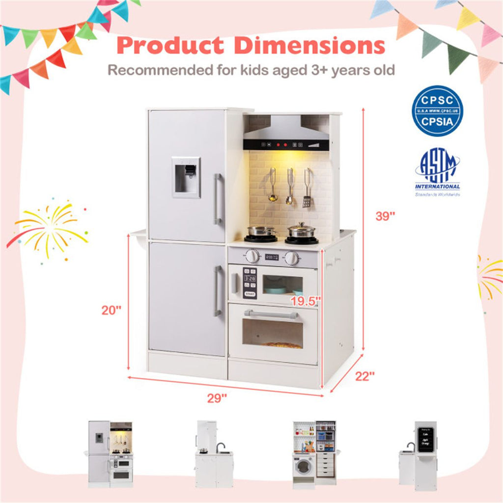 inQ Boutique - White Dual-Sided Kids Play Kitchen with Water Dispenser and Range Hood for 3+ Years Old