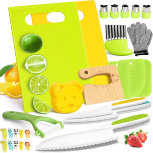 inQ Boutique - 28PCS Knife Set - Kids Knifes for Real Cooking, Montessori Kids Kitchen Knife Set with Cutting Board Crinkle Cutters Kid Safe Knives, Kitchen Tools Old Girl Boy