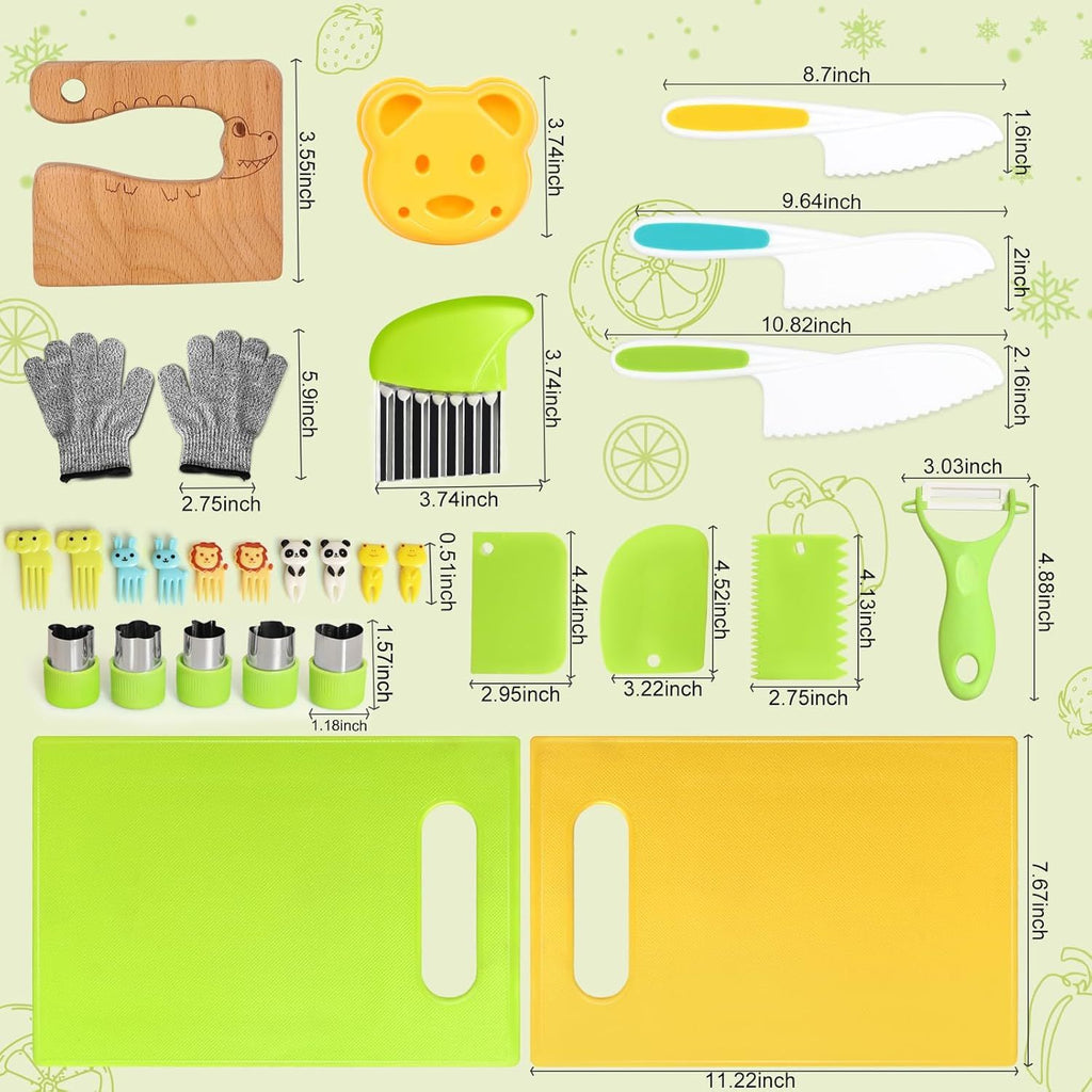 inQ Boutique - 28PCS Knife Set - Kids Knifes for Real Cooking, Montessori Kids Kitchen Knife Set with Cutting Board Crinkle Cutters Kid Safe Knives, Kitchen Tools Old Girl Boy