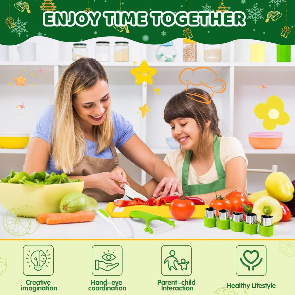 inQ Boutique - 28PCS Knife Set - Kids Knifes for Real Cooking, Montessori Kids Kitchen Knife Set with Cutting Board Crinkle Cutters Kid Safe Knives, Kitchen Tools Old Girl Boy