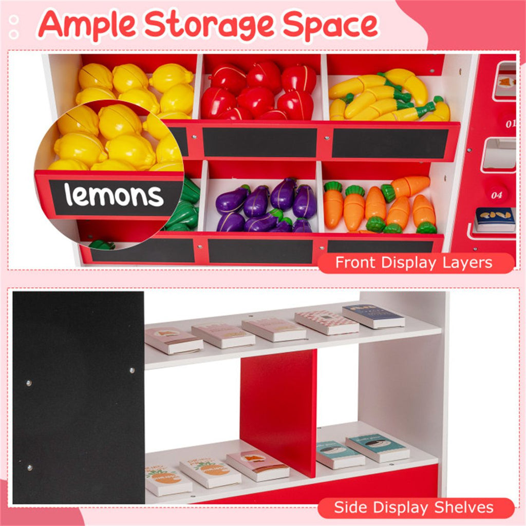 inQ Boutique - Red Wooden Kids Supermarket Playset with Vending Machine, 90.17×78.74×104.14cm Grocery Store Toy with Shopping Cart for 3+