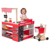 inQ Boutique - Red Wooden Kids Supermarket Playset with Vending Machine, 90.17×78.74×104.14cm Grocery Store Toy with Shopping Cart for 3+