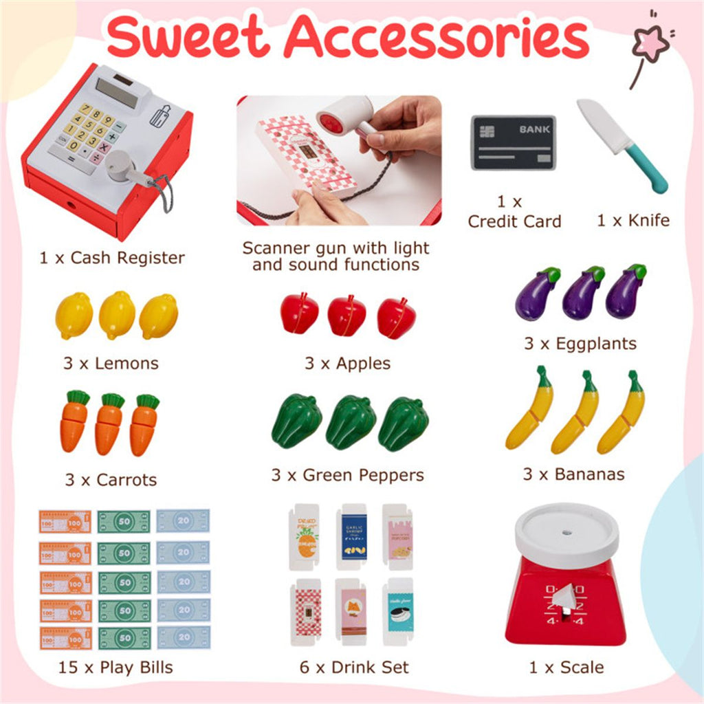 inQ Boutique - Red Wooden Kids Supermarket Playset with Vending Machine, 90.17×78.74×104.14cm Grocery Store Toy with Shopping Cart for 3+