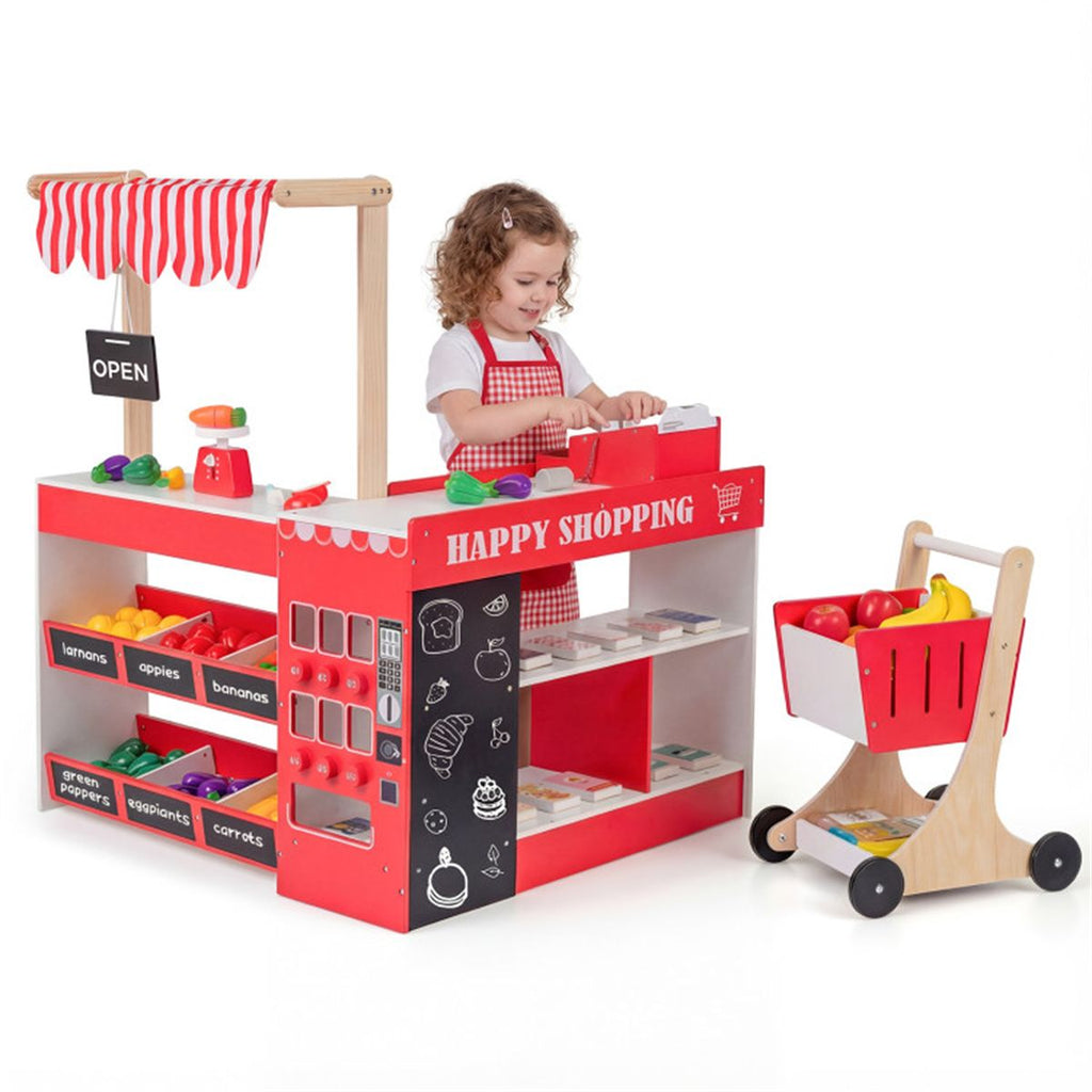 inQ Boutique - Red Wooden Kids Supermarket Playset with Vending Machine, 90.17×78.74×104.14cm Grocery Store Toy with Shopping Cart for 3+