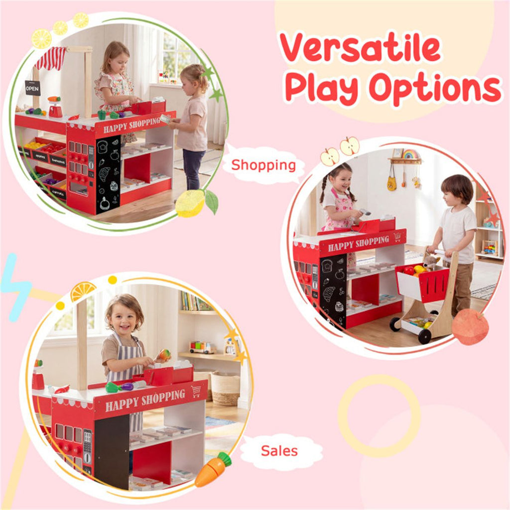 inQ Boutique - Red Wooden Kids Supermarket Playset with Vending Machine, 90.17×78.74×104.14cm Grocery Store Toy with Shopping Cart for 3+