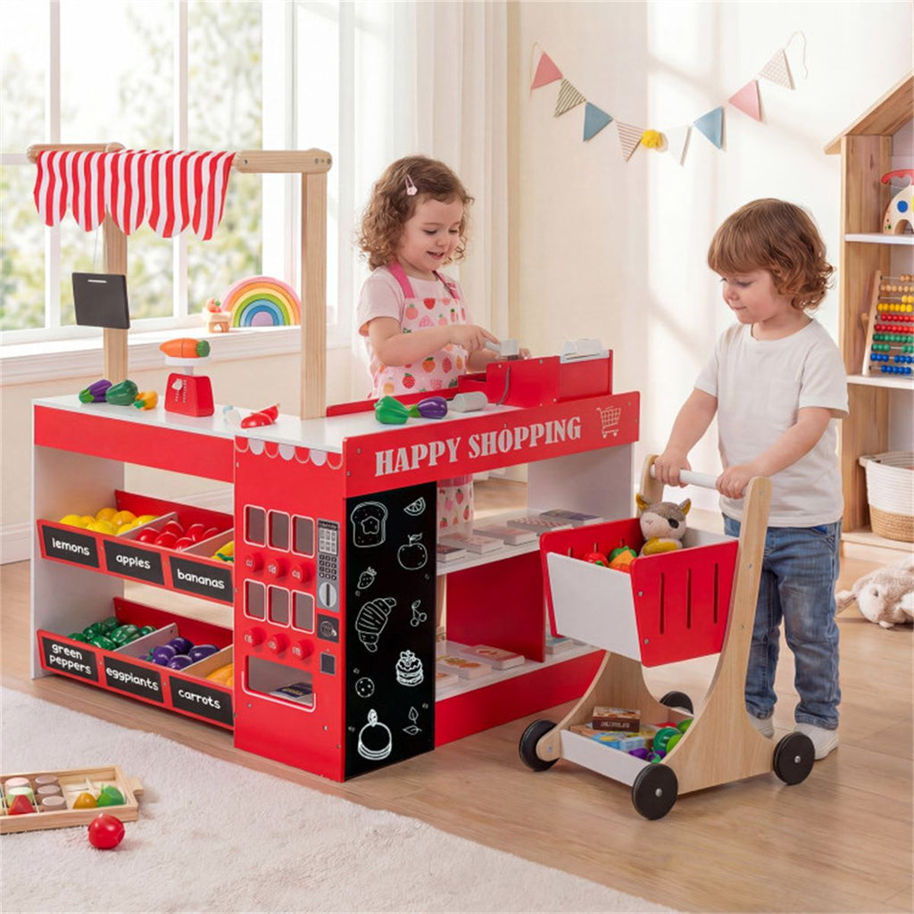 inQ Boutique - Red Wooden Kids Supermarket Playset with Vending Machine, 90.17×78.74×104.14cm Grocery Store Toy with Shopping Cart for 3+