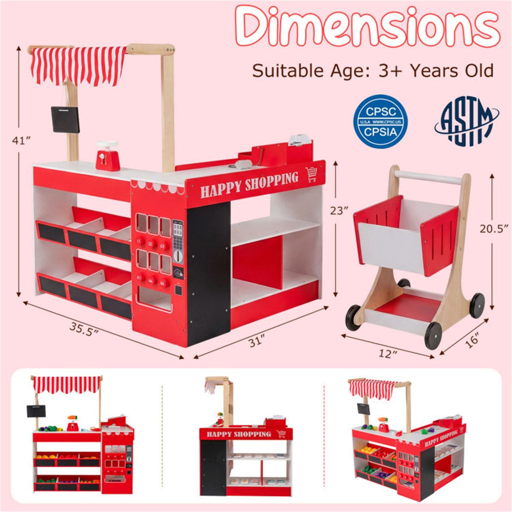 inQ Boutique - Red Wooden Kids Supermarket Playset with Vending Machine, 90.17×78.74×104.14cm Grocery Store Toy with Shopping Cart for 3+
