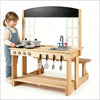 inQ Boutique - Natural Wooden Kids Mud Kitchen Playset with Bench & Removable Sink, Complete Cookware Accessories Pretend Play Kitchen for Toddlers 3+